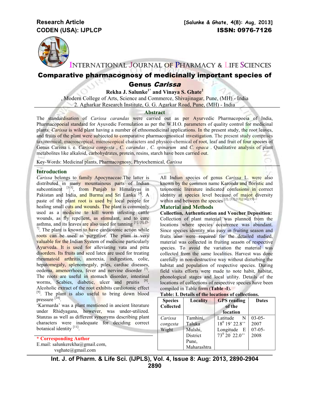 Comparative Pharmacognosy of Medicinally Important Species of Genus Carissa Rekha J