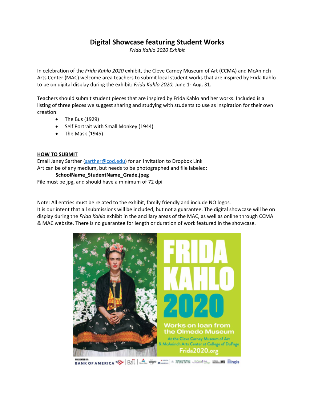 Digital Showcase Featuring Student Works Frida Kahlo 2020 Exhibit