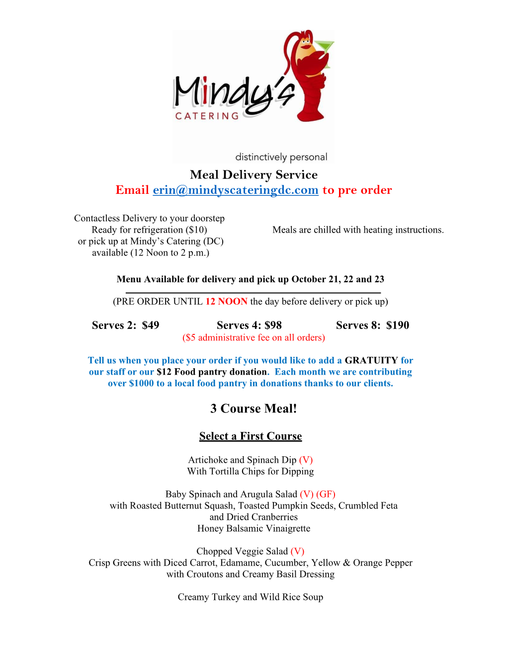 Meal Delivery Service Email Erin@Mindyscateringdc.Com to Pre Order