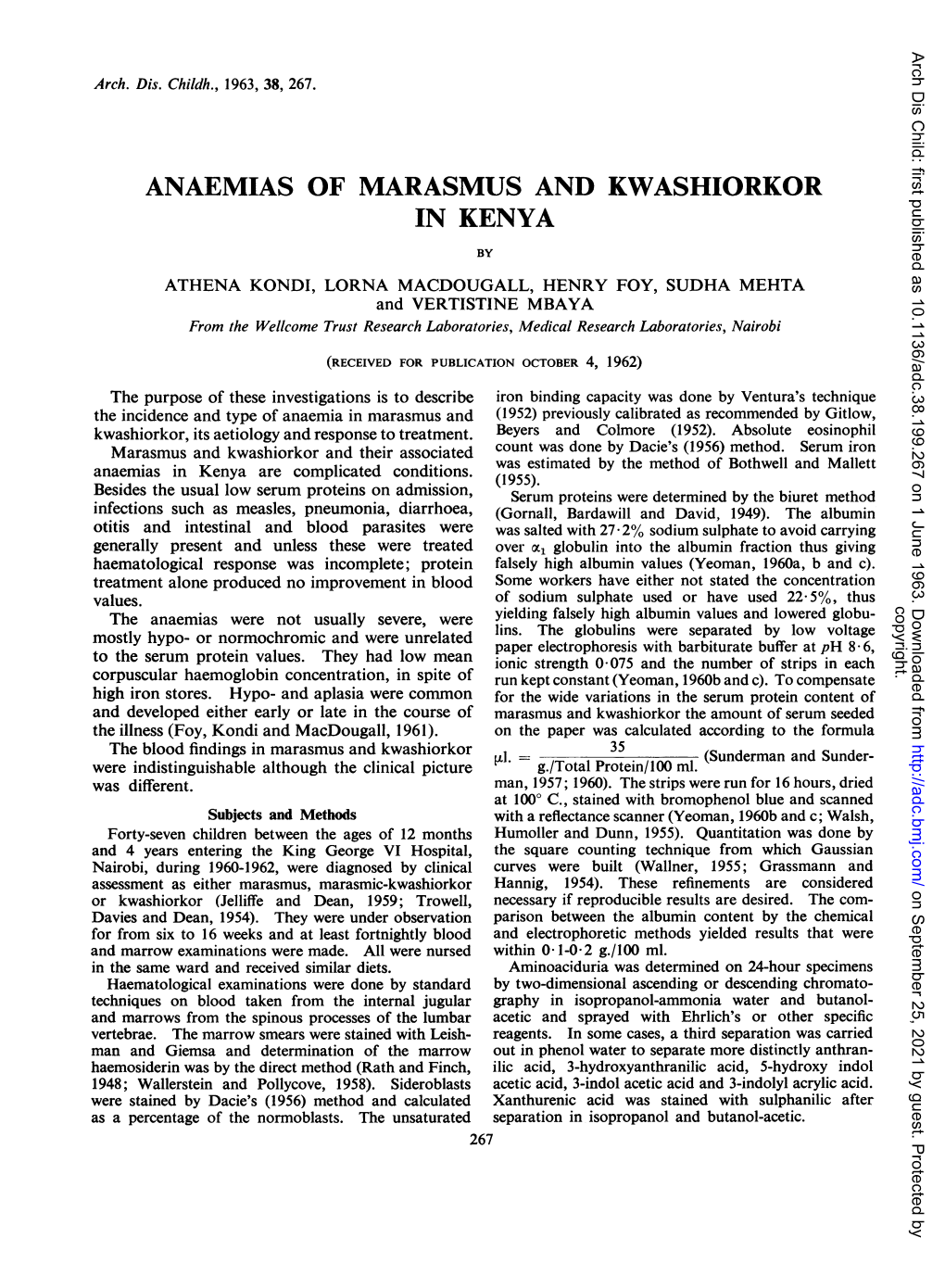 Anaemias of Marasmus and Kwashiorkor in Kenya