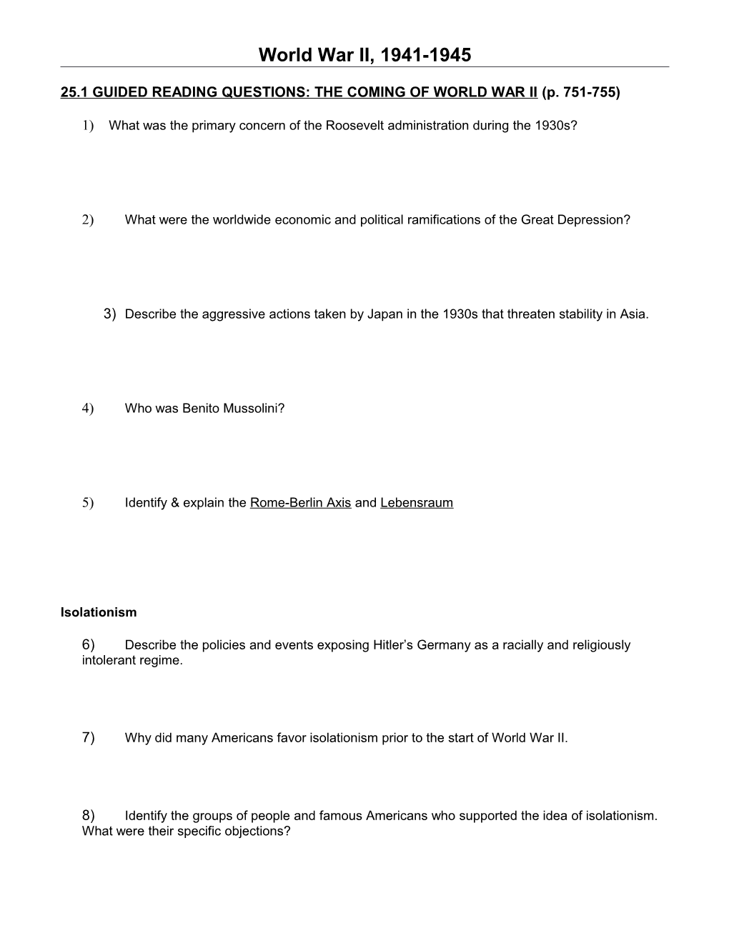 25.1 Guided Reading Questions: the Coming of World War II (P. 751-755)