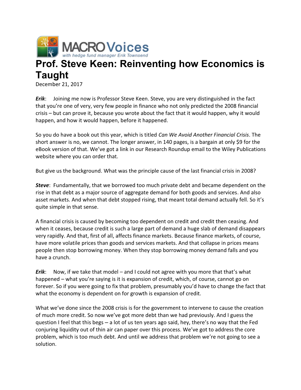 Prof. Steve Keen: Reinventing How Economics Is Taught December 21, 2017