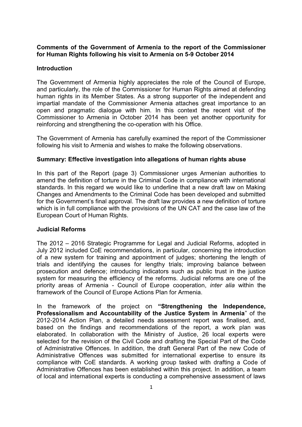 Comments of the Government of Armenia to the Report of the Commissioner for Human Rights Following His Visit to Armenia on 5-9 October 2014