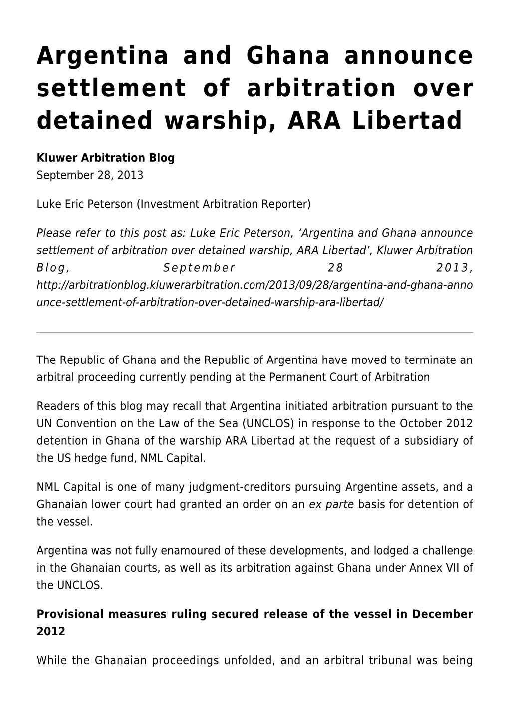 Argentina and Ghana Announce Settlement of Arbitration Over Detained Warship, ARA Libertad