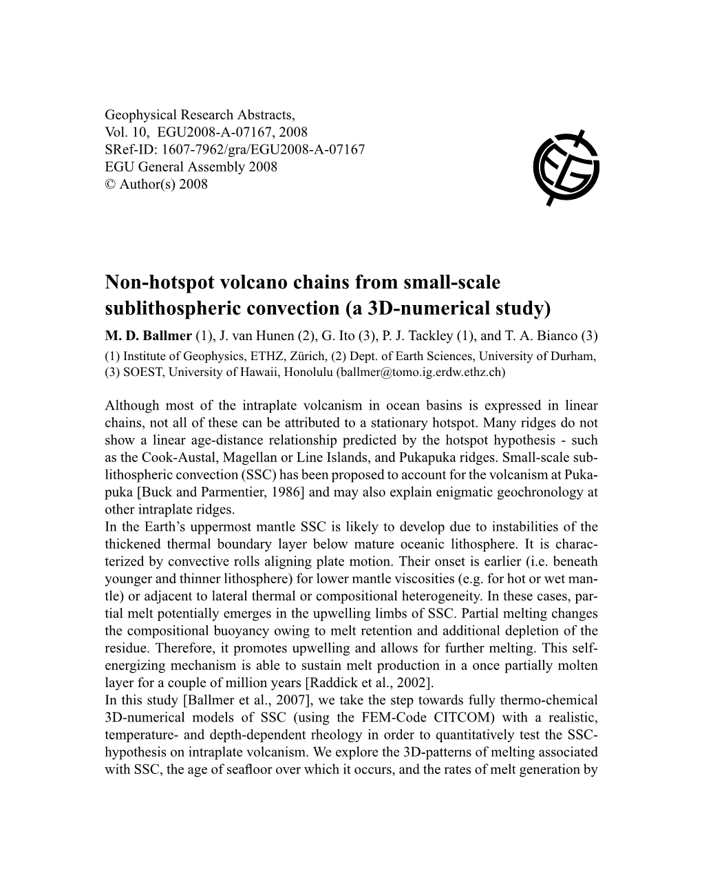 Non-Hotspot Volcano Chains from Small-Scale Sublithospheric Convection (A 3D-Numerical Study) M