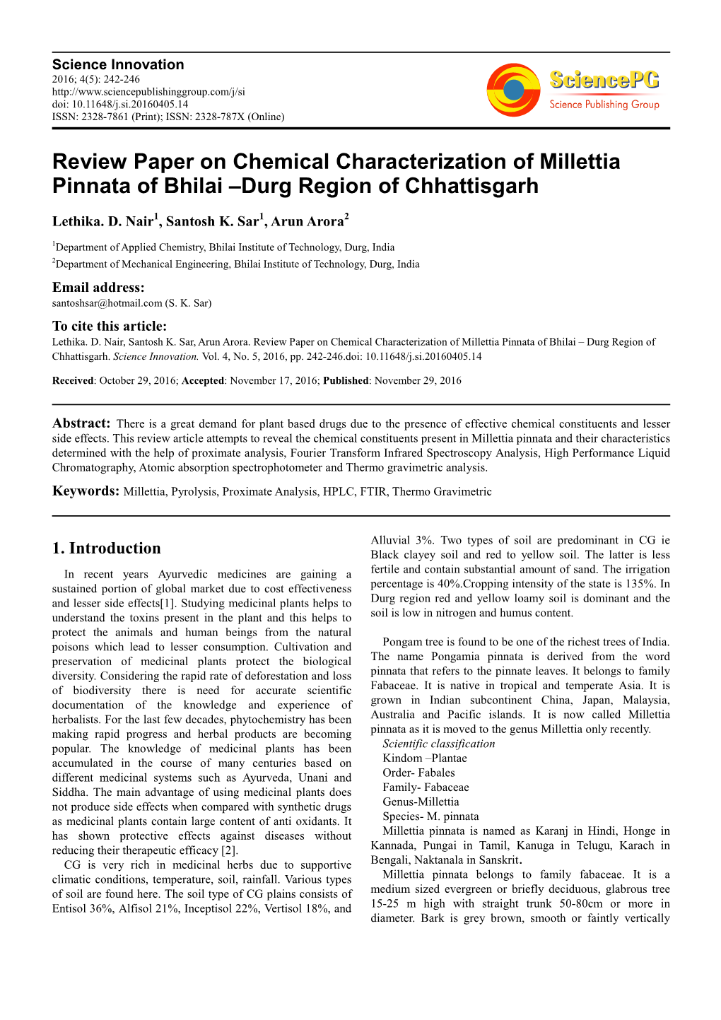 Review Paper on Chemical Characterization of Millettia Pinnata of Bhilai –Durg Region of Chhattisgarh