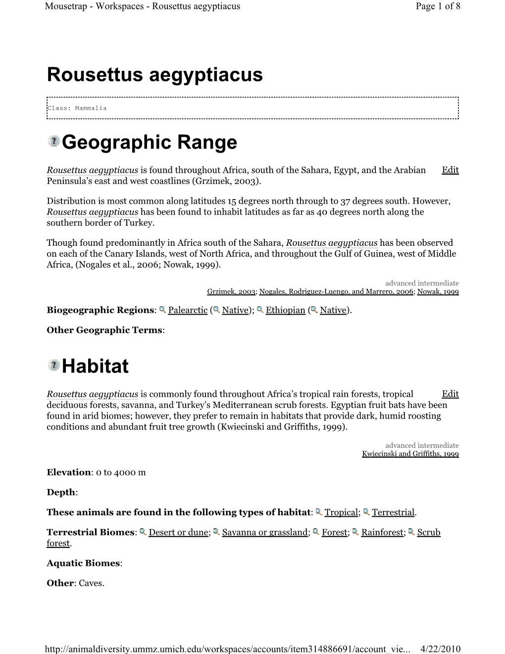 Rousettus Aegyptiacus Geographic Range Habitat