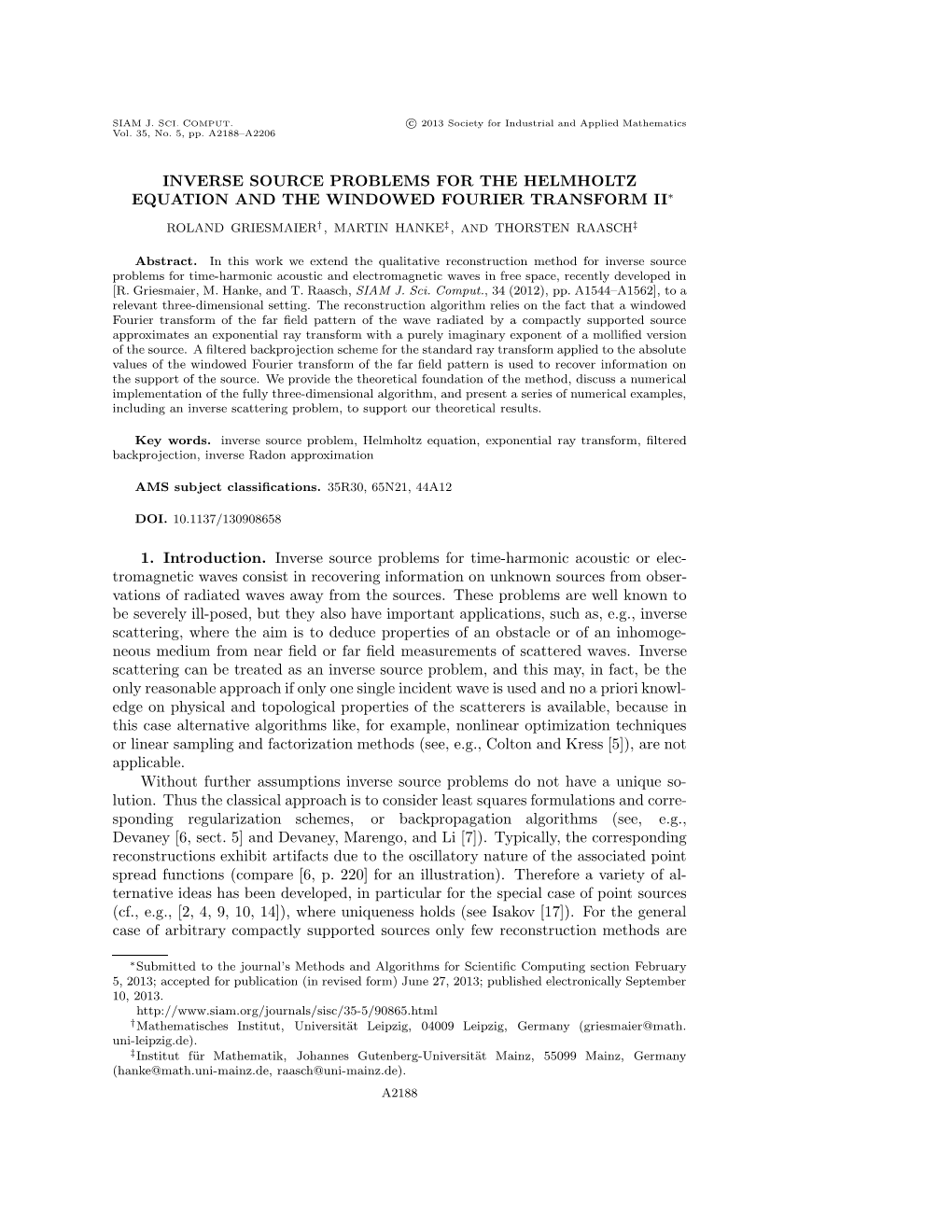 Inverse Source Problems for the Helmholtz Equation and the Windowed Fourier Transfrom, SIAM J