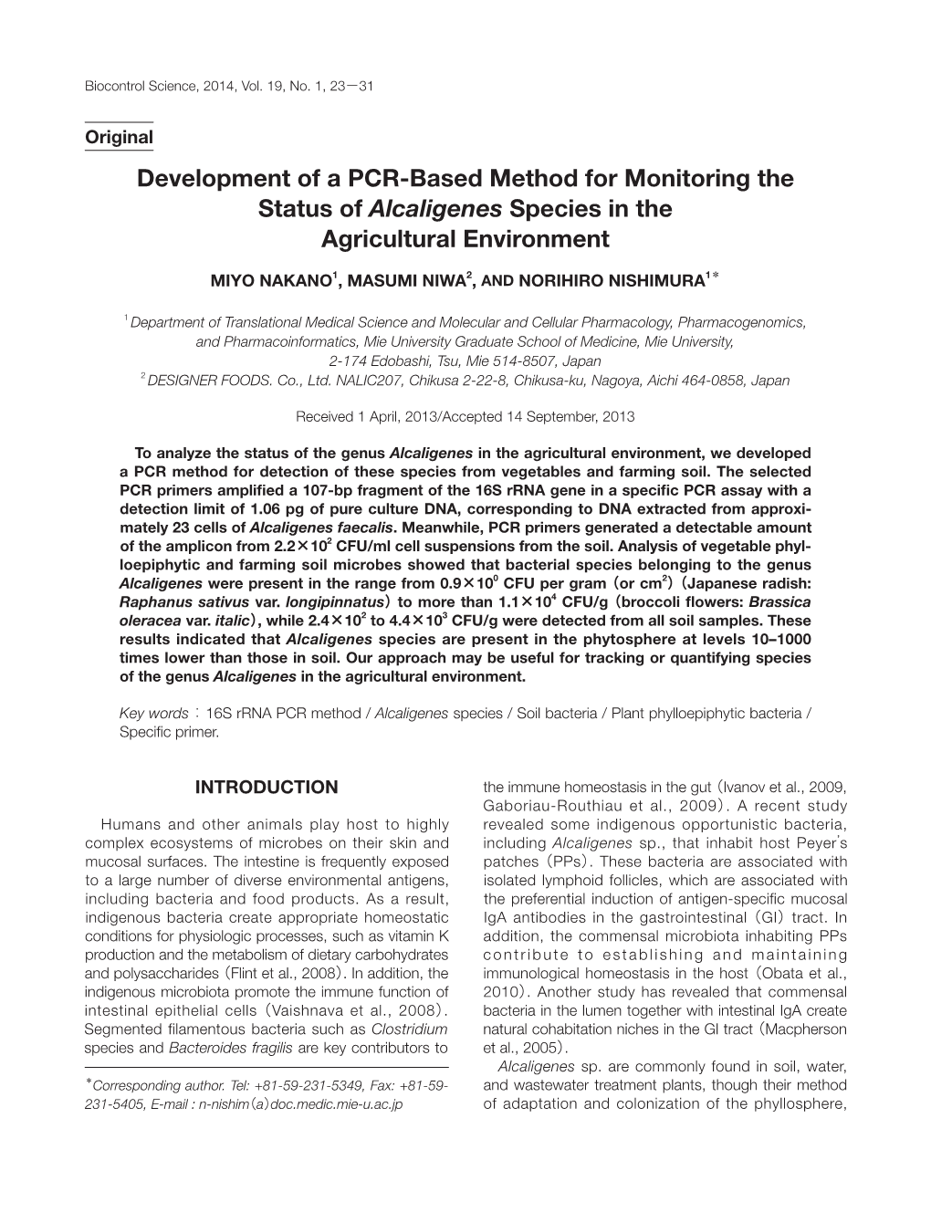 Development of a PCR-Based Method for Monitoring the Status of Alcaligenes Species in the Agricultural Environment