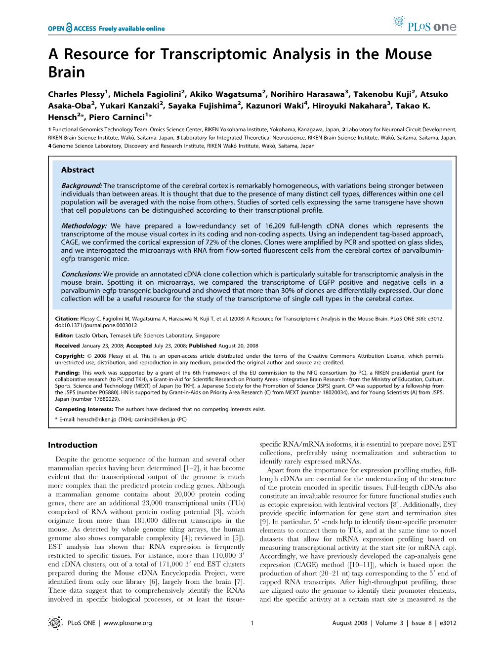 A Resource for Transcriptomic Analysis in the Mouse Brain