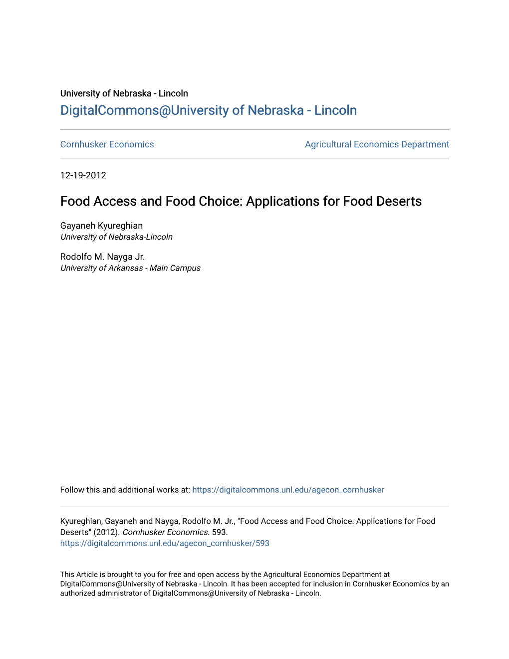 Food Access and Food Choice: Applications for Food Deserts