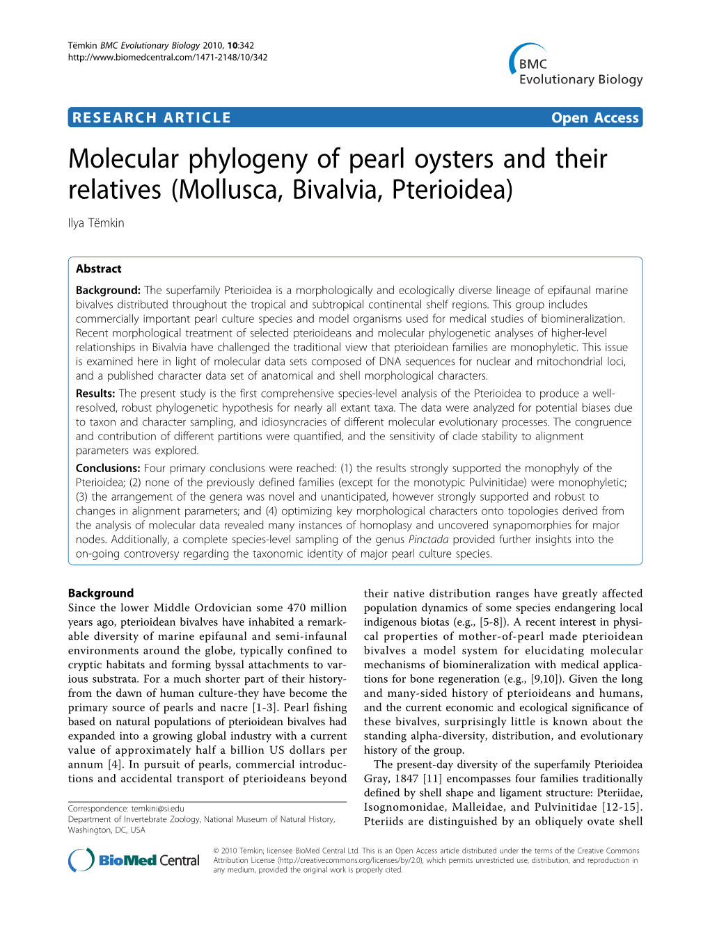Molecular Phylogeny of Pearl Oysters and Their Relatives (Mollusca, Bivalvia, Pterioidea) Ilya Tëmkin