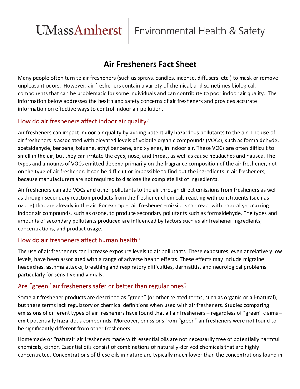 Air Fresheners Fact Sheet Many People Often Turn to Air Fresheners (Such As Sprays, Candles, Incense, Diffusers, Etc.) to Mask Or Remove Unpleasant Odors