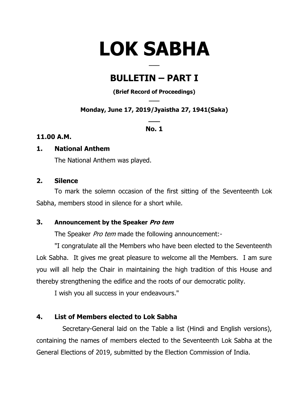 Lok Sabha ___ Bulletin – Part I