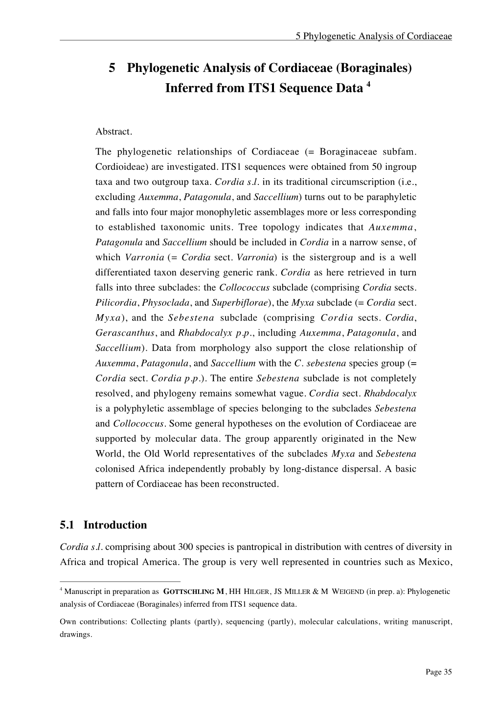 5 Phylogenetic Analysis of Cordiaceae (Boraginales) Inferred from ITS1 Sequence Data 4