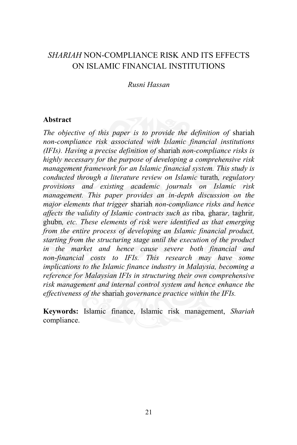 Shariah Non-Compliance Risk and Its Effects on Islamic Financial Institutions