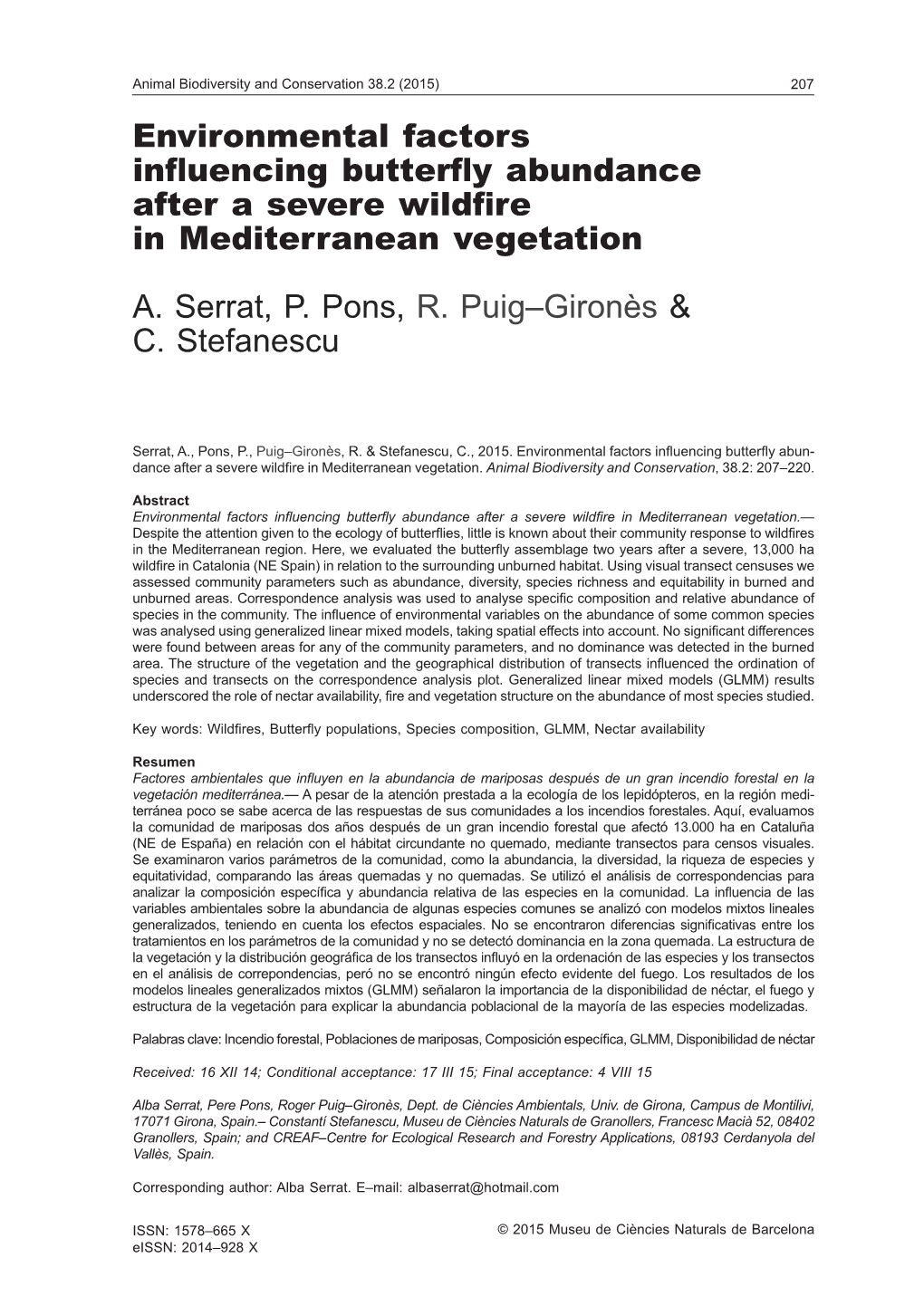 Environmental Factors Influencing Butterfly Abundance After a Severe Wildfire in Mediterranean Vegetation