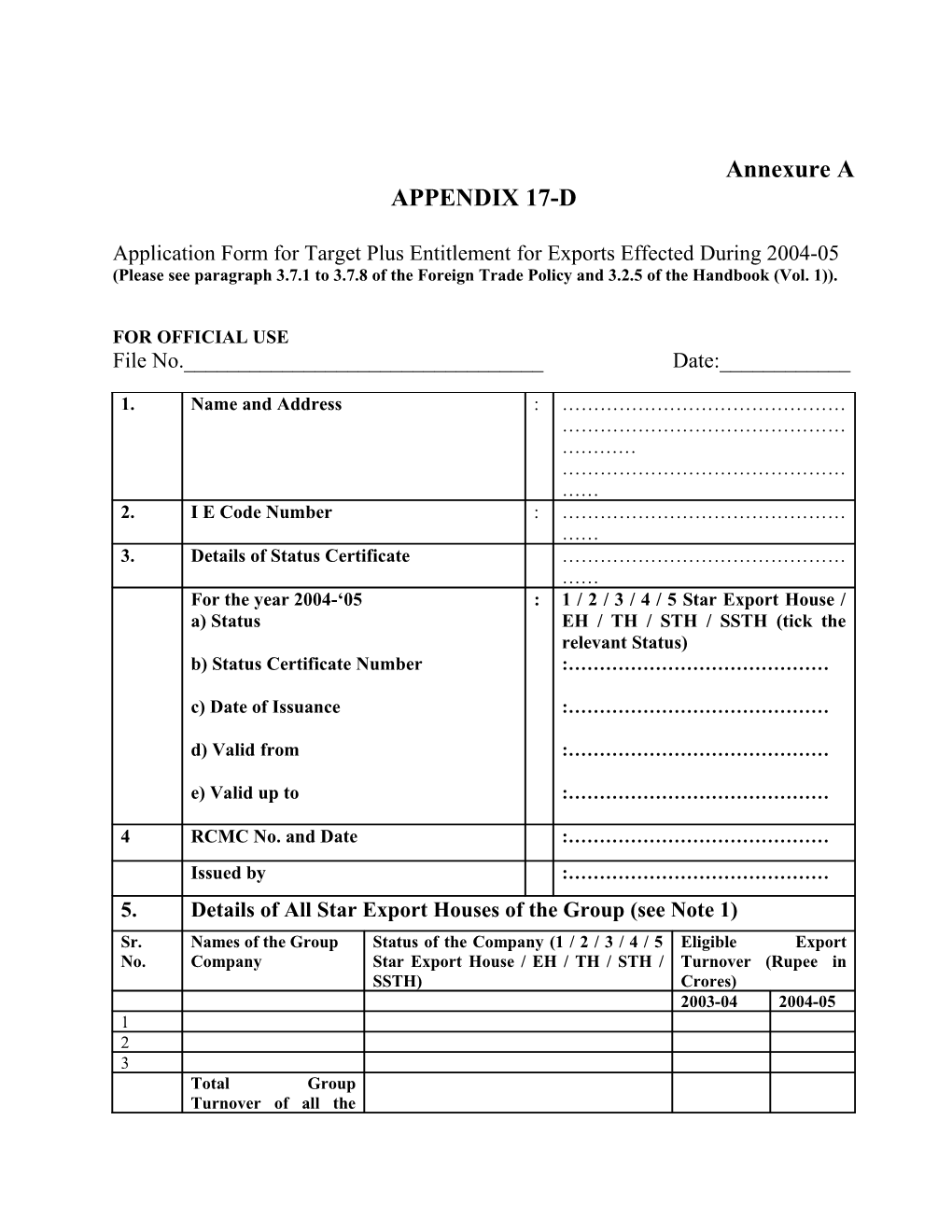 Application Form for Target Plus Entitlement for Exports Effected During 2004-05