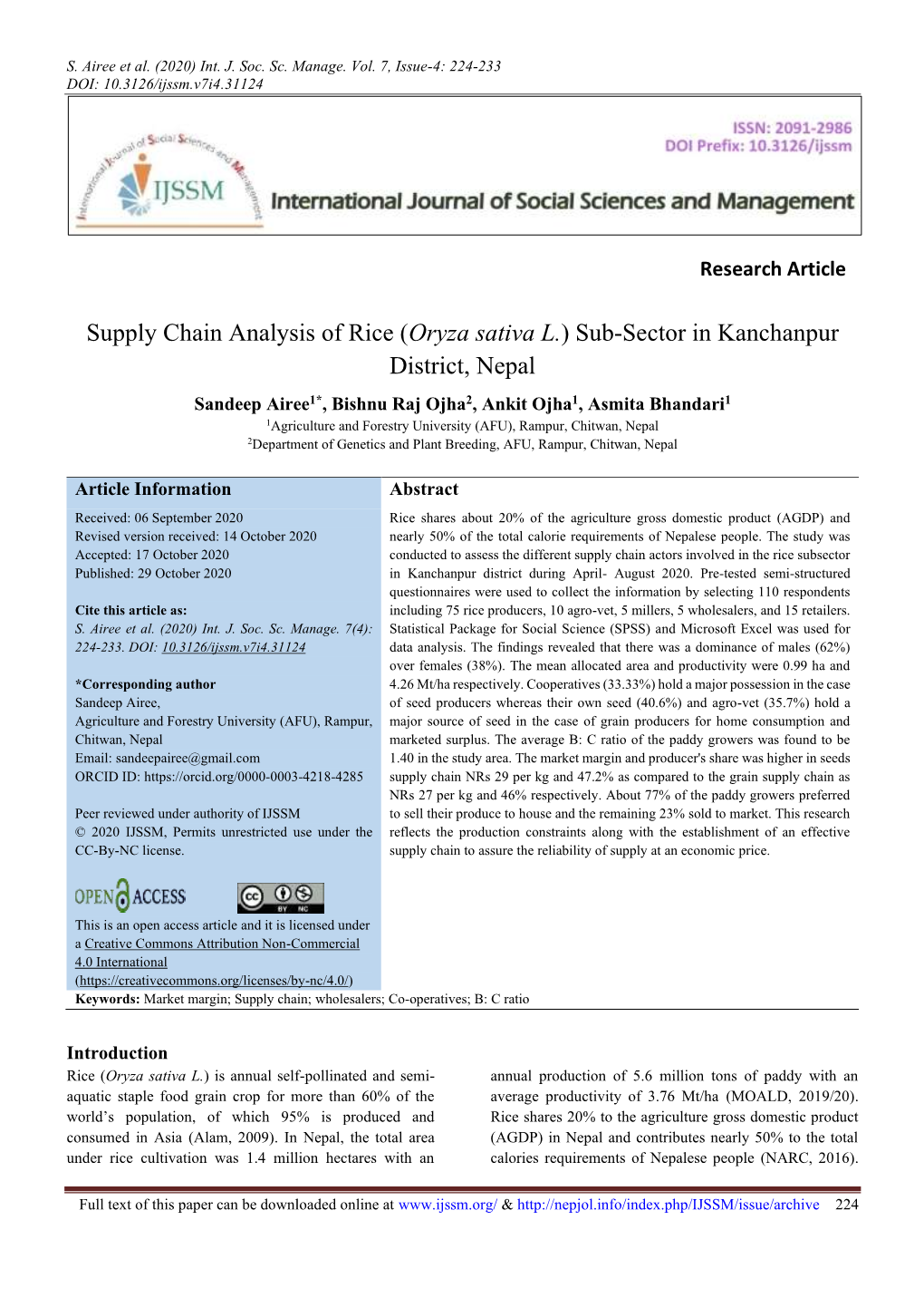 Supply Chain Analysis of Rice (Oryza Sativa L.) Sub-Sector In
