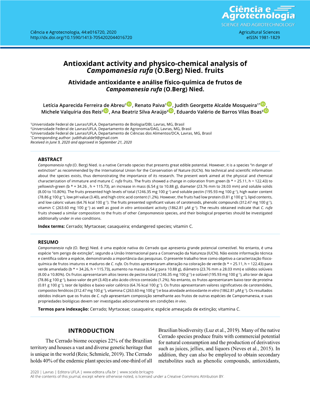 Antioxidant Activity and Physico-Chemical Analysis of Campomanesia Rufa (O.Berg) Nied