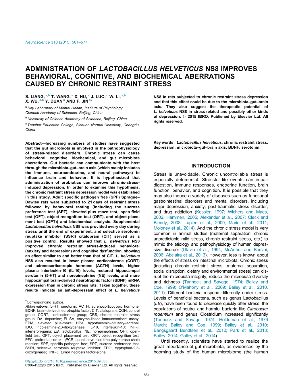 Administration of Lactobacillus Helveticus Ns8 Improves Behavioral, Cognitive, and Biochemical Aberrations Caused by Chronic Restraint Stress