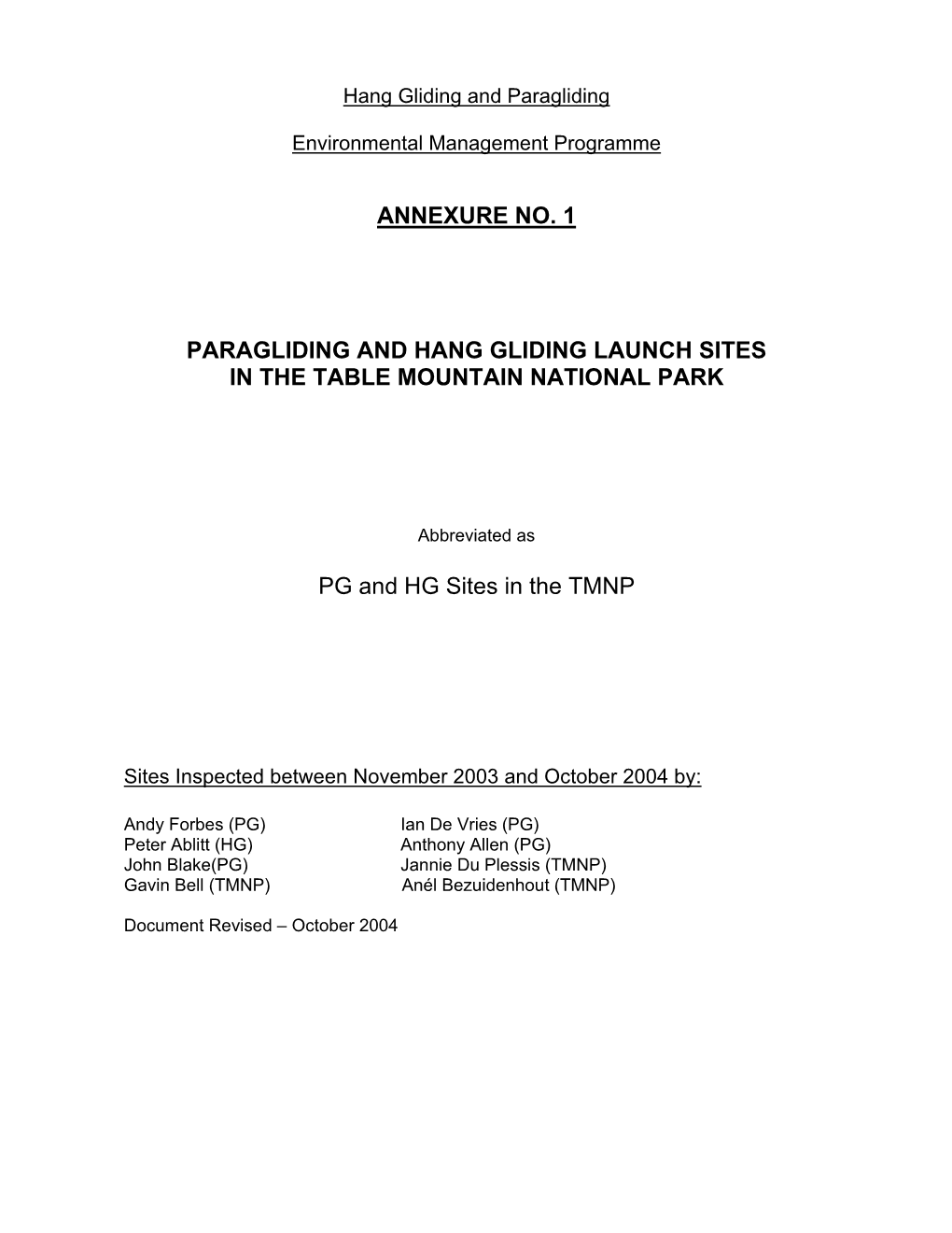 Annexure No. 1 Paragliding and Hang Gliding Launch Sites in the Table