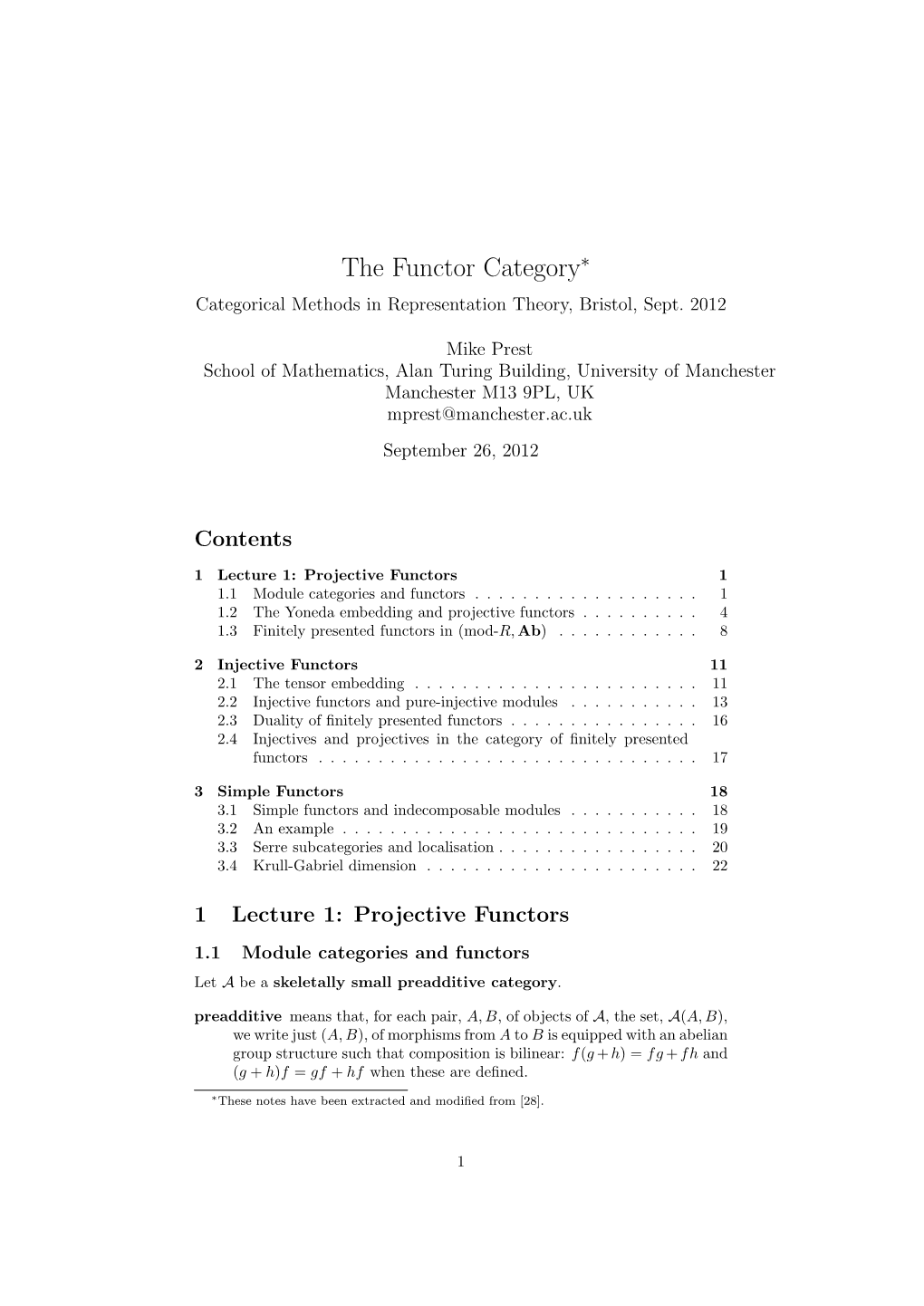 The Functor Category∗ Categorical Methods in Representation Theory, Bristol, Sept