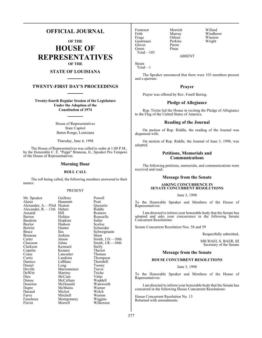 House of Representatives Reading of the Journal State Capitol on Motion of Rep