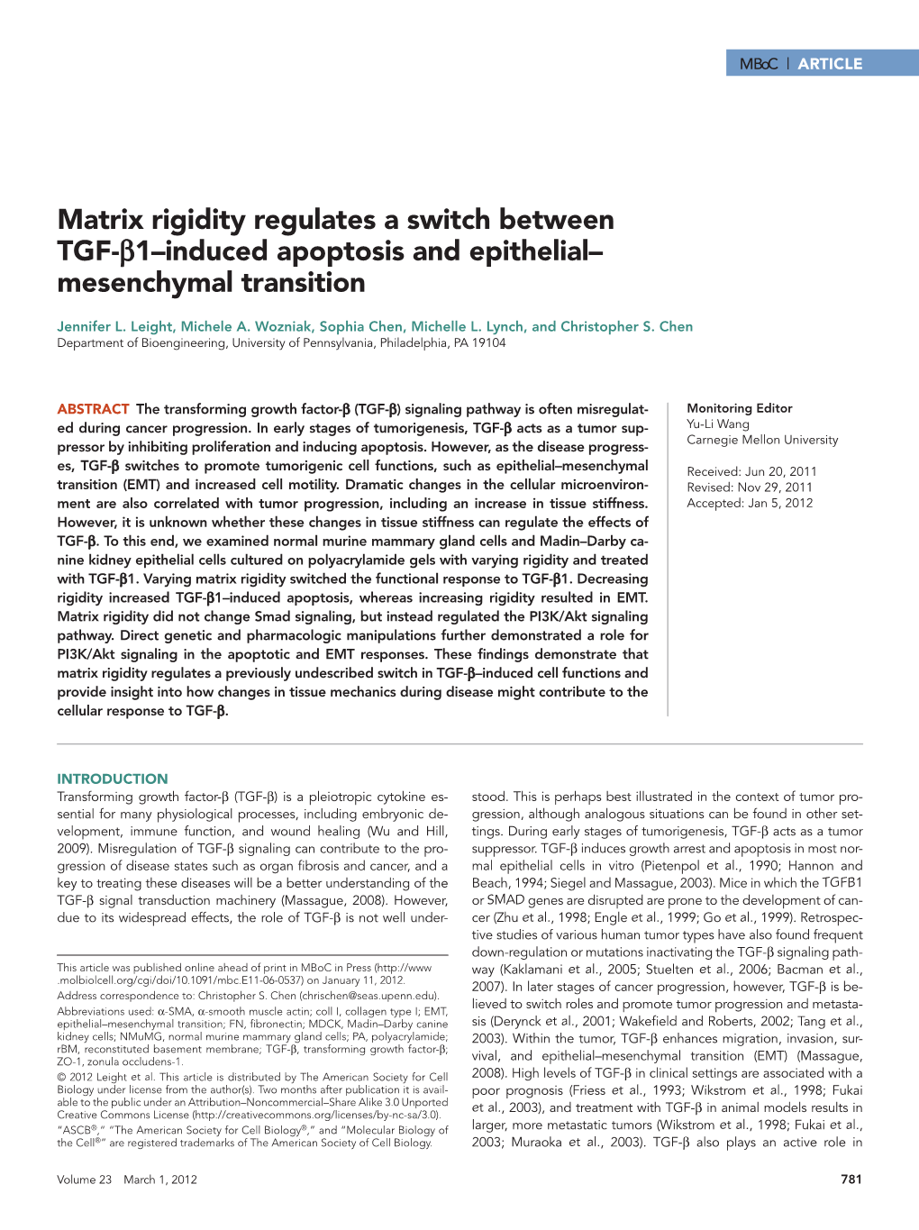 Matrix Rigidity Regulates a Switch Between TGF-Β1–Induced Apoptosis and Epithelial– Mesenchymal Transition
