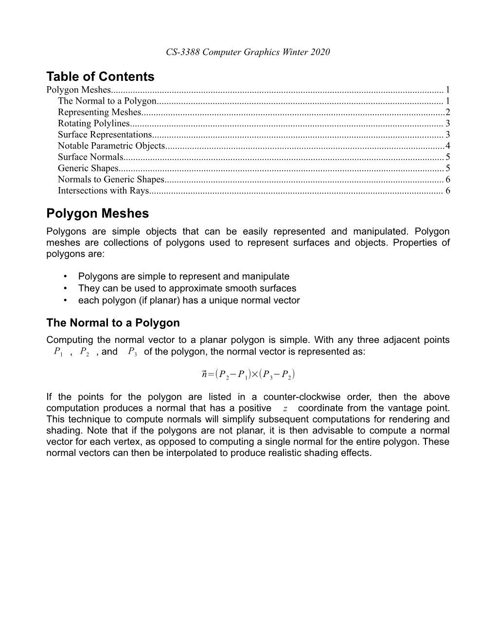 CS3388 Polygon Meshes and Generic Surfaces