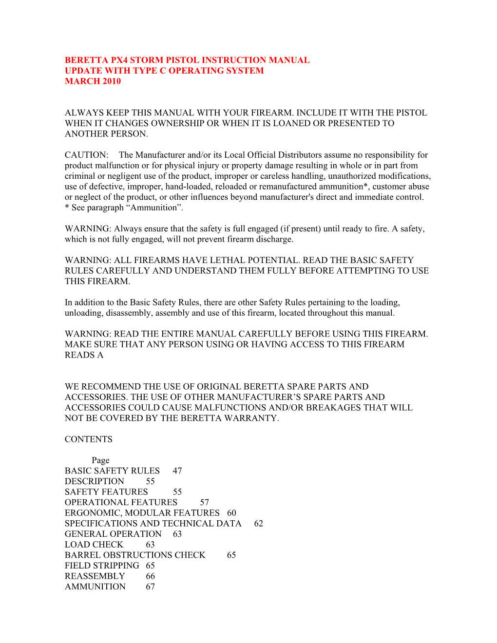 Beretta Px4 Storm Pistol Instruction Manual Update with Type C Operating System March 2010