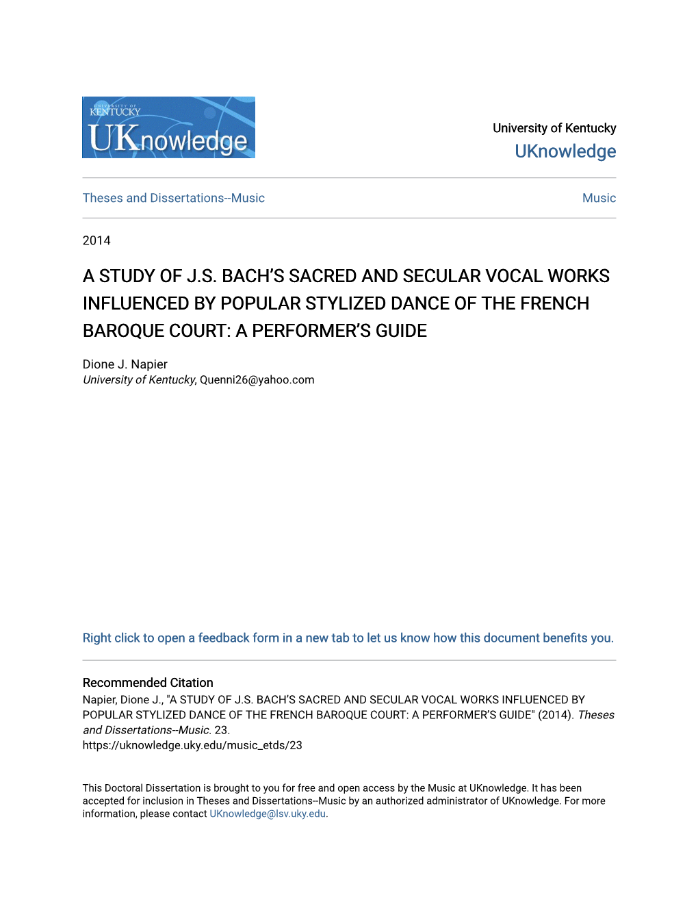 A Study of J.S. Bach's Sacred and Secular Vocal Works Influenced by Popular Stylized Dance Of