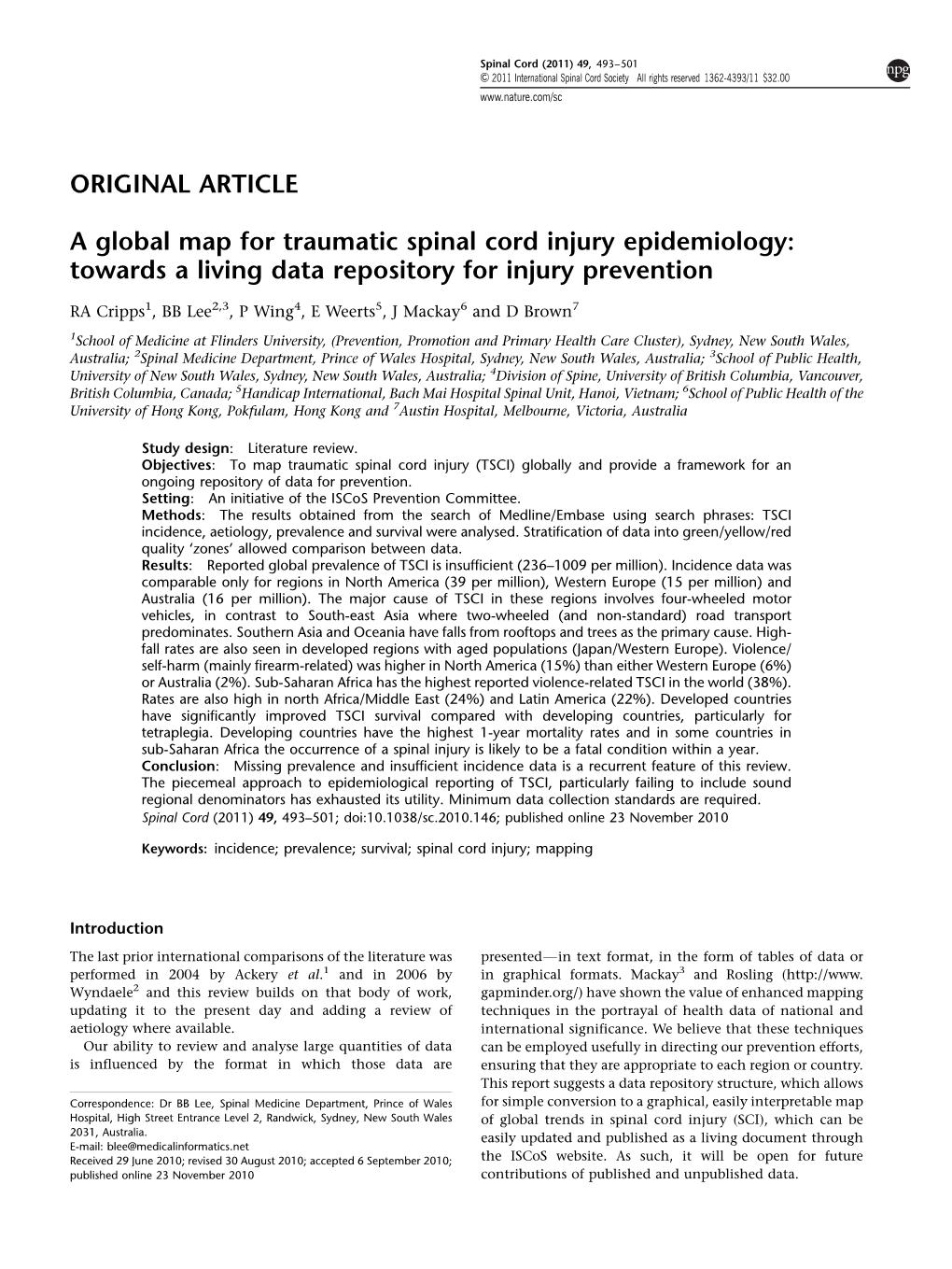 A Global Map for Traumatic Spinal Cord Injury Epidemiology: Towards a Living Data Repository for Injury Prevention