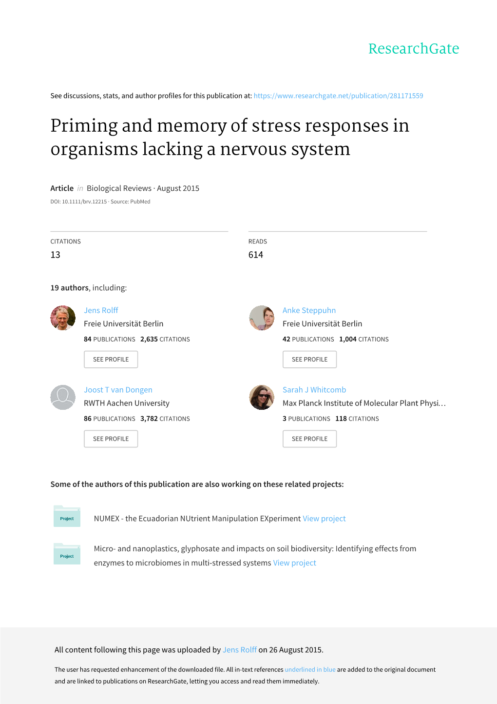 Priming and Memory of Stress Responses in Organisms Lacking a Nervous System