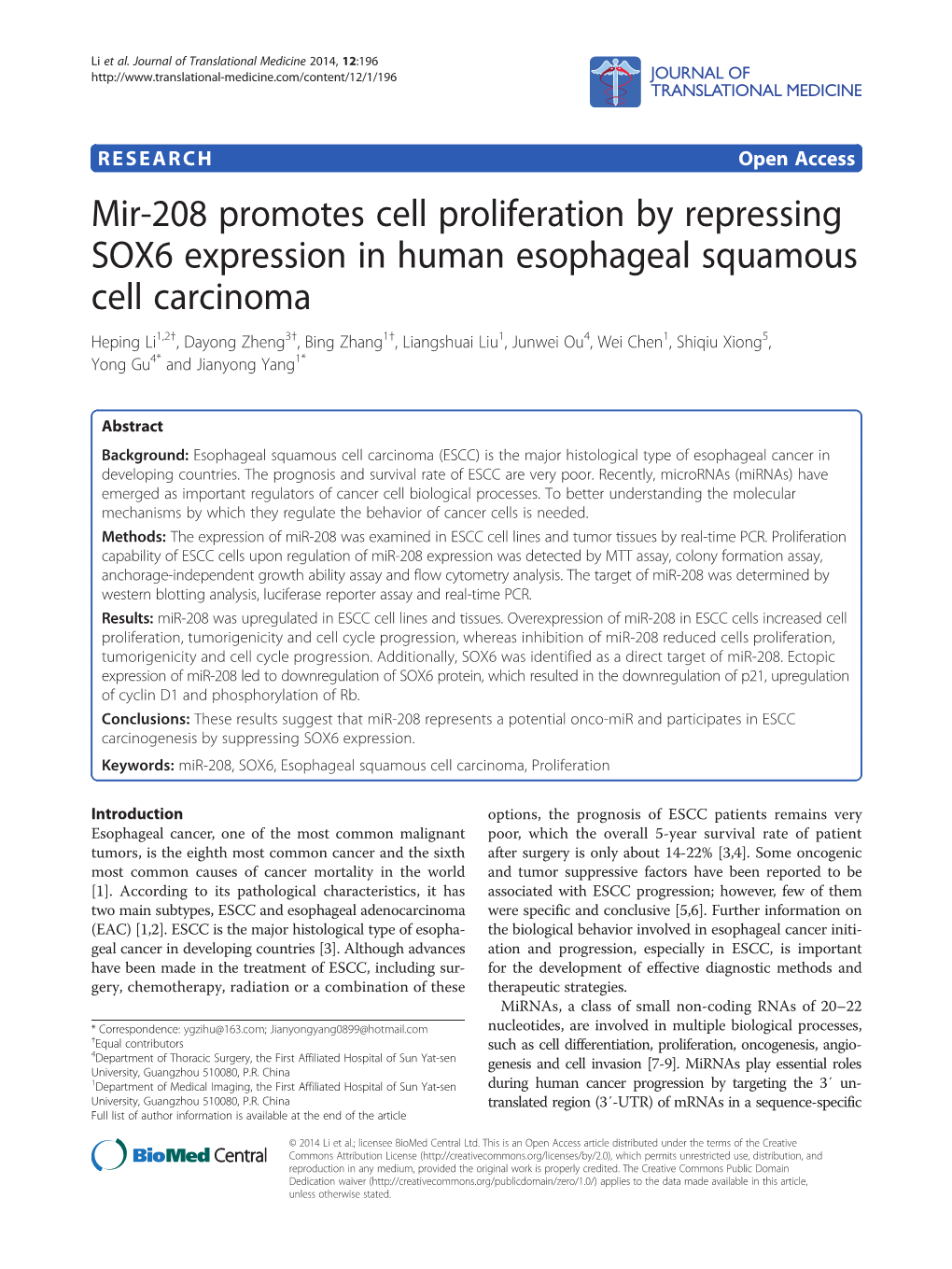 Mir-208 Promotes Cell Proliferation by Repressing SOX6 Expression in Human Esophageal Squamous Cell Carcinoma