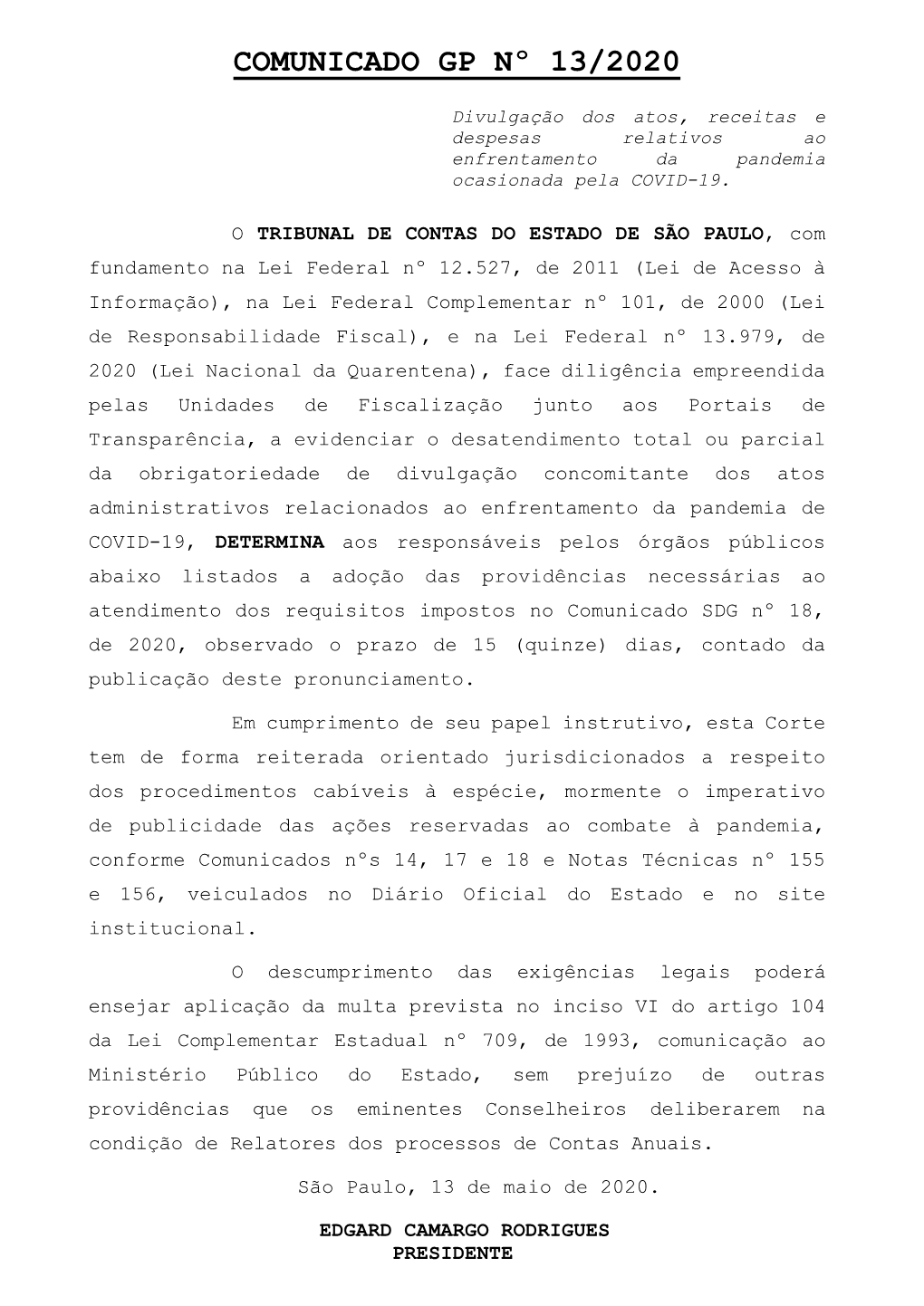 Comunicado Gp Nº 13/2020