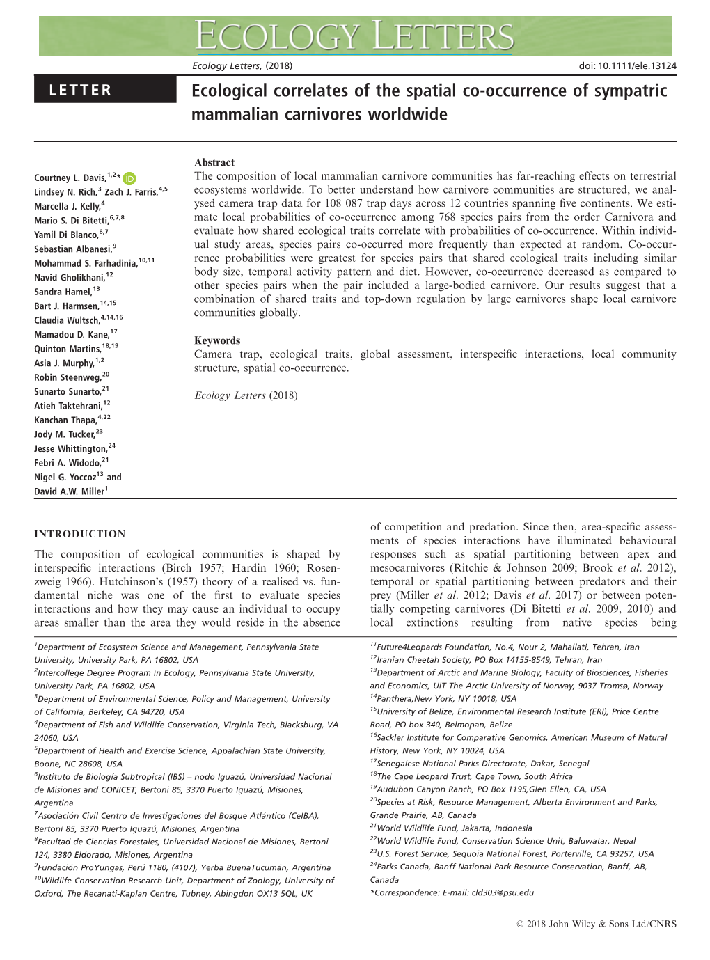 Ecological Correlates of the Spatial Co‐Occurrence of Sympatric Mammalian Carnivores Worldwide