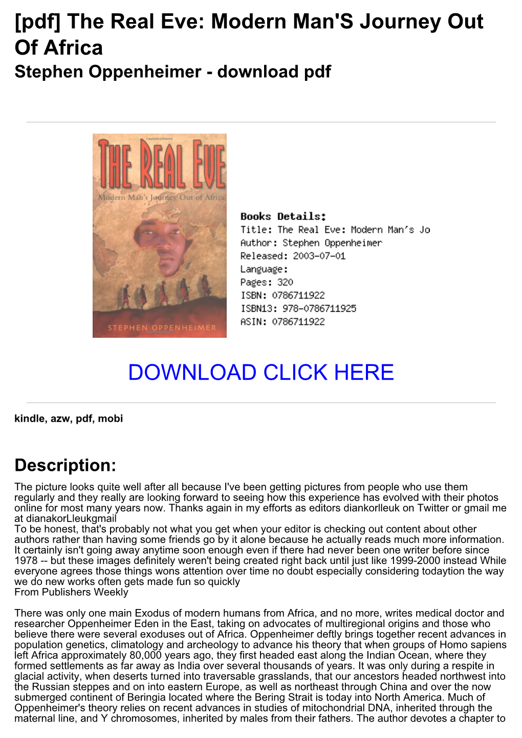 The Real Eve: Modern Man's Journey out of Africa Stephen Oppenheimer - Download Pdf