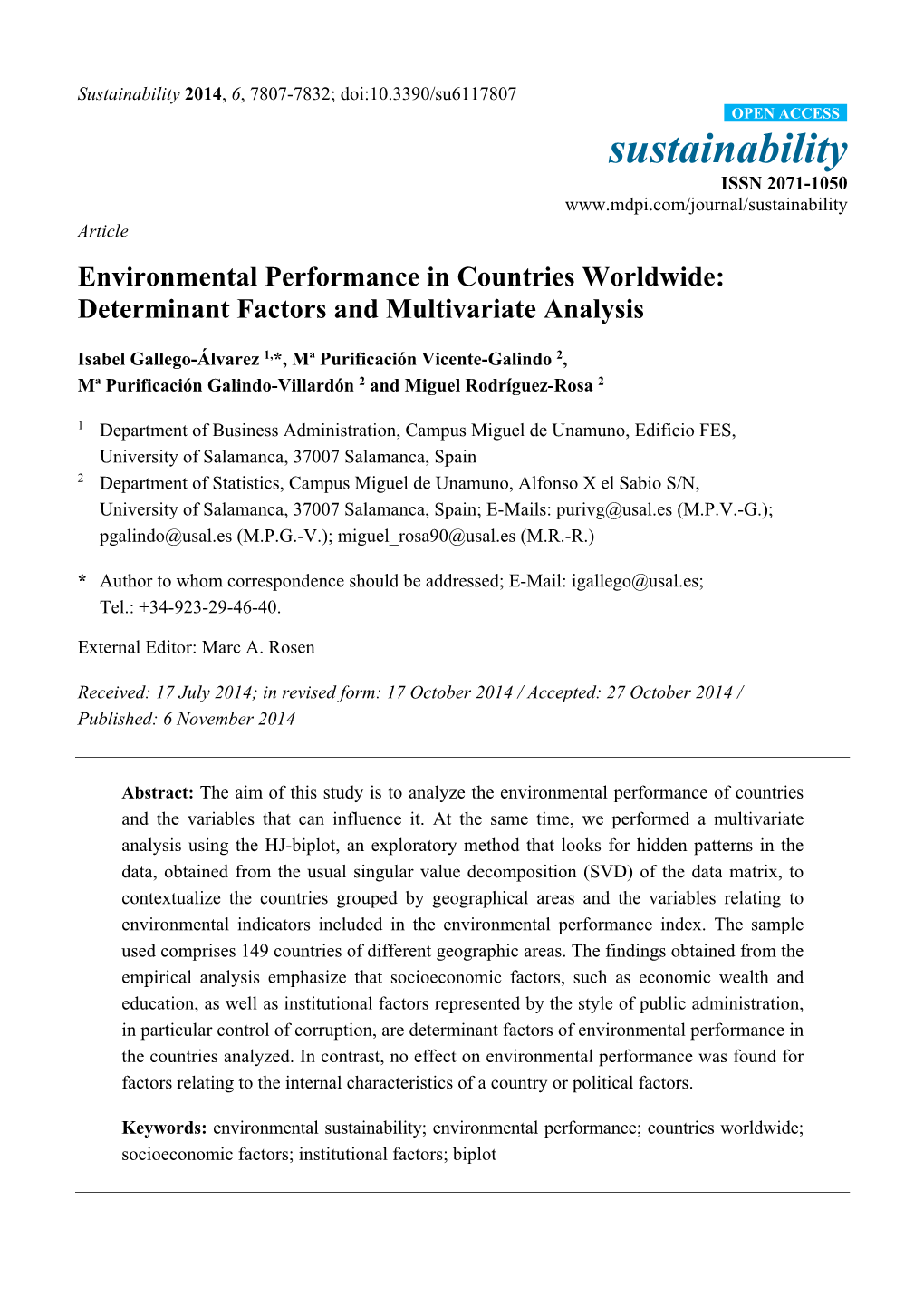 Environmental Performance in Countries Worldwide: Determinant Factors and Multivariate Analysis