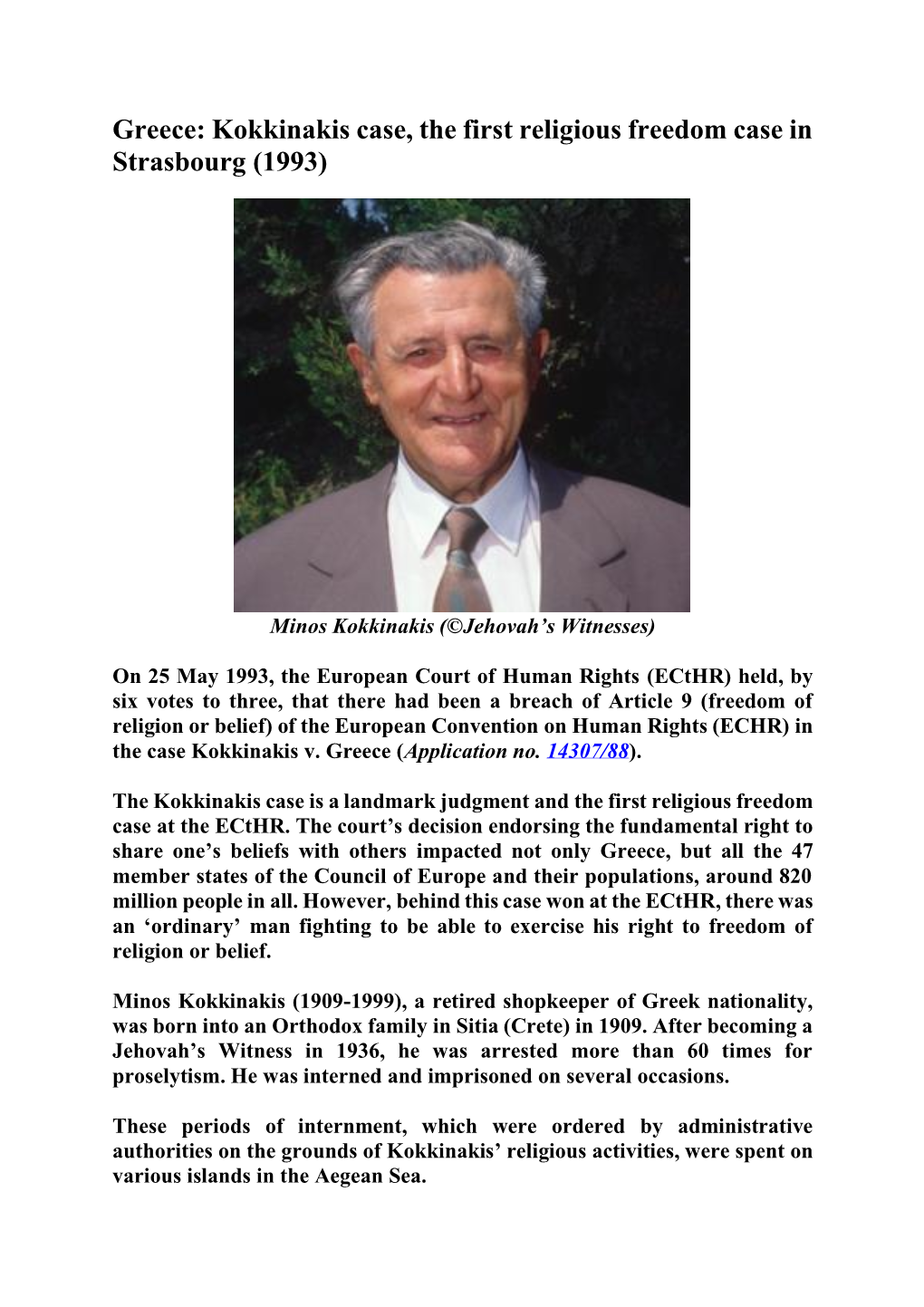 Greece: Kokkinakis Case, the First Religious Freedom Case in Strasbourg (1993)