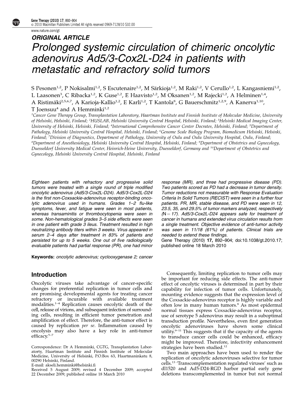 Prolonged Systemic Circulation of Chimeric Oncolytic Adenovirus Ad5/3-Cox2l-D24 in Patients with Metastatic and Refractory Solid Tumors