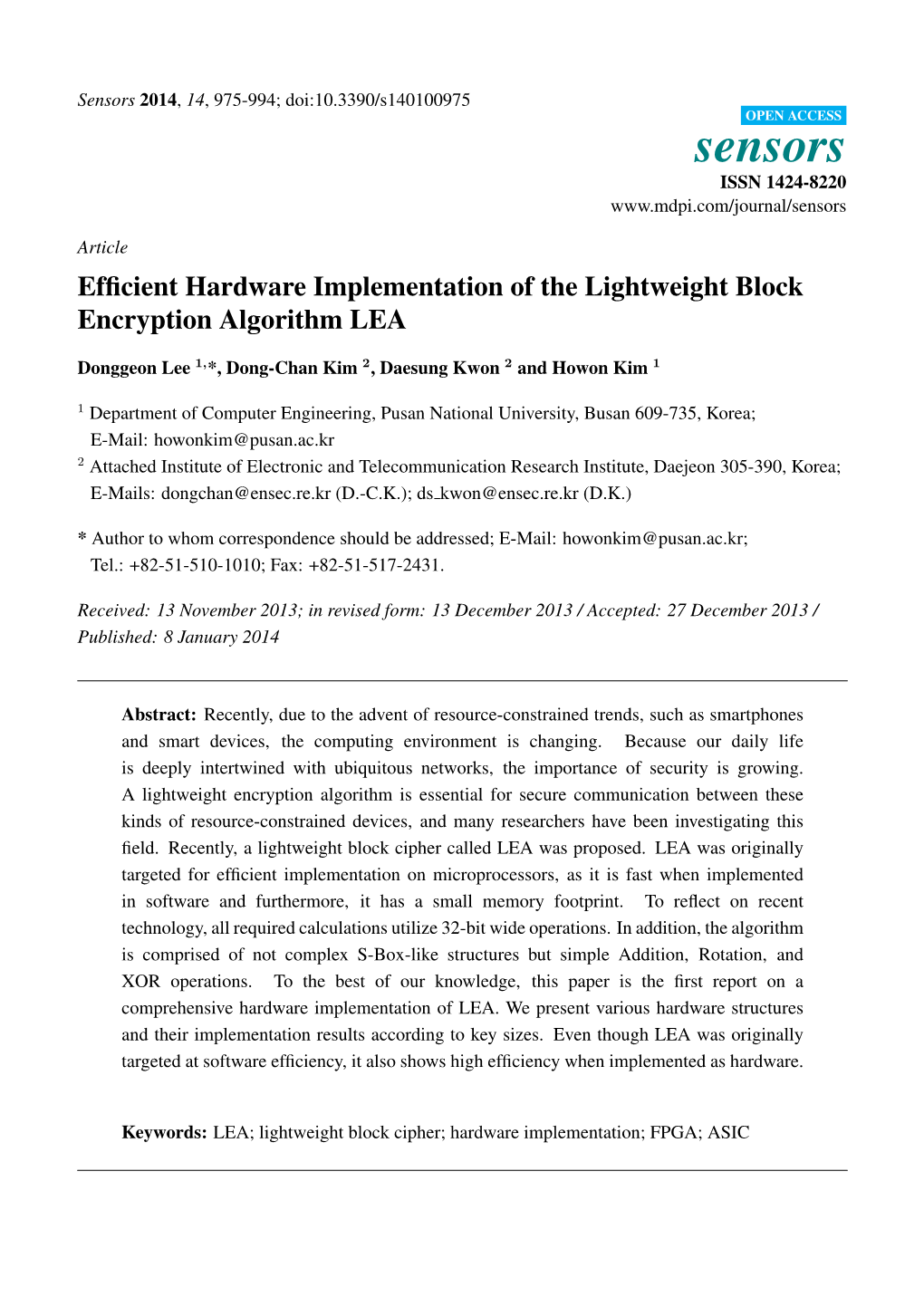 Efficient Hardware Implementation of the Lightweight Block Encryption