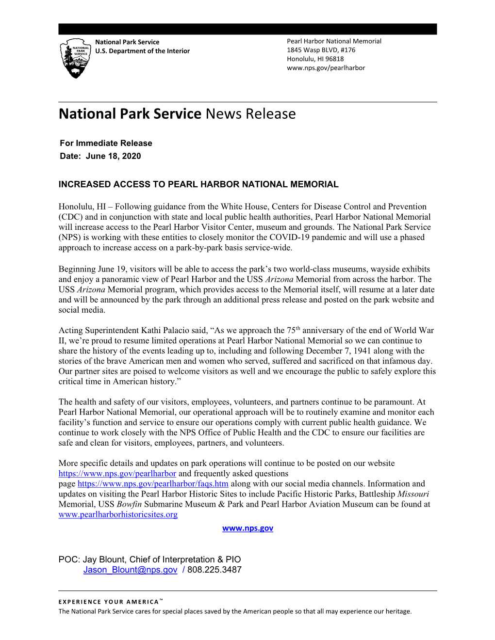 National Park Service News Release