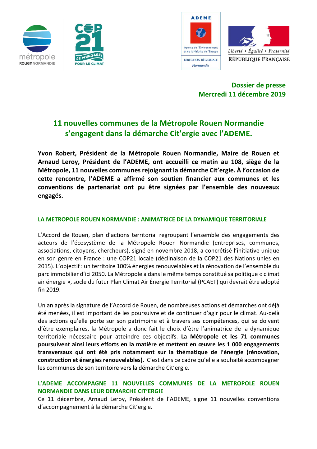 11 Nouvelles Communes De La Métropole Rouen Normandie S’Engagent Dans La Démarche Cit’Ergie Avec L’ADEME