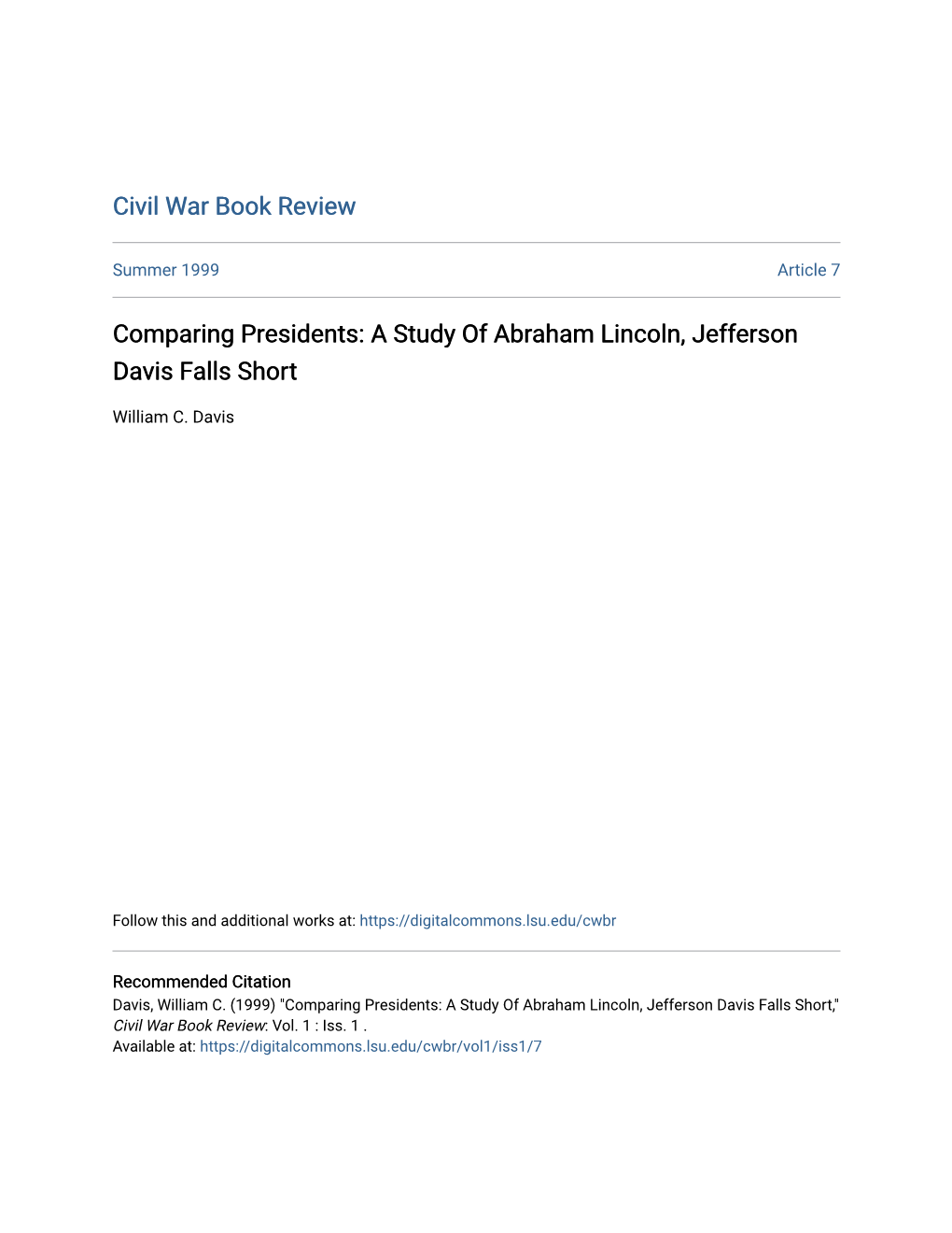 Comparing Presidents: a Study of Abraham Lincoln, Jefferson Davis Falls Short