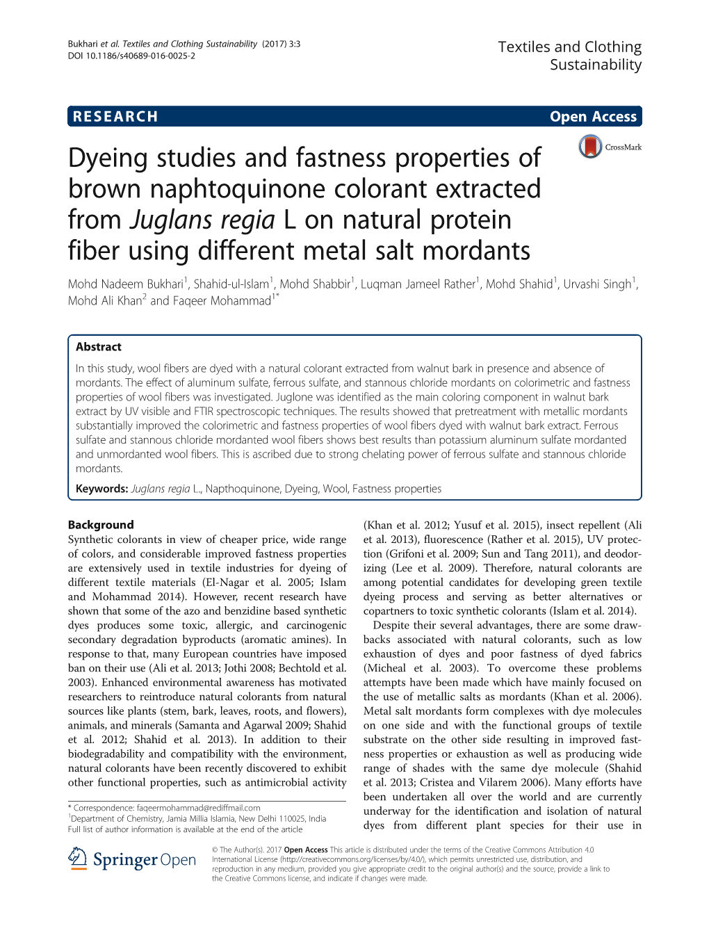 Dyeing Studies and Fastness Properties of Brown Naphtoquinone Colorant Extracted from Juglans Regia L on Natural Protein Fiber U