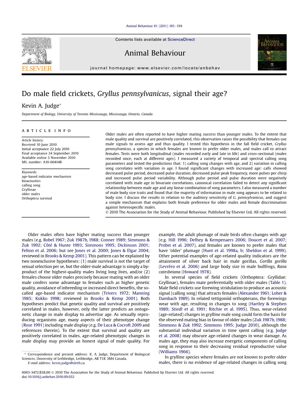 Do Male Field Crickets, Gryllus Pennsylvanicus, Signal Their Age?