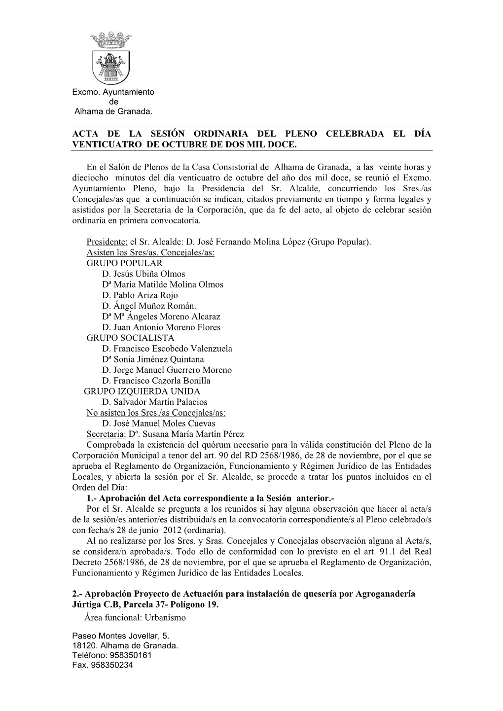 Acta De La Sesión Ordinaria Del Pleno Celebrada El Día Venticuatro De Octubre De Dos Mil Doce