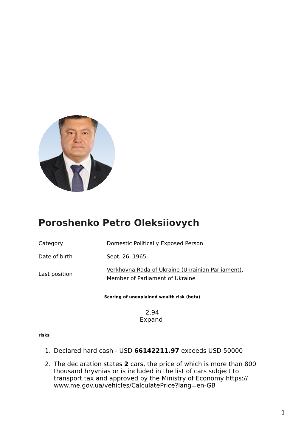 PEP: Dossier Poroshenko Petro Oleksiiovych, Verkhovna Rada Of