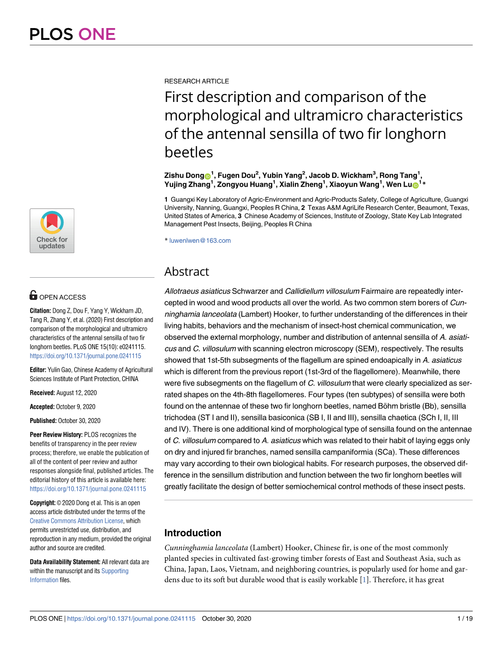 First Description and Comparison of the Morphological and Ultramicro Characteristics of the Antennal Sensilla of Two Fir Longhorn Beetles